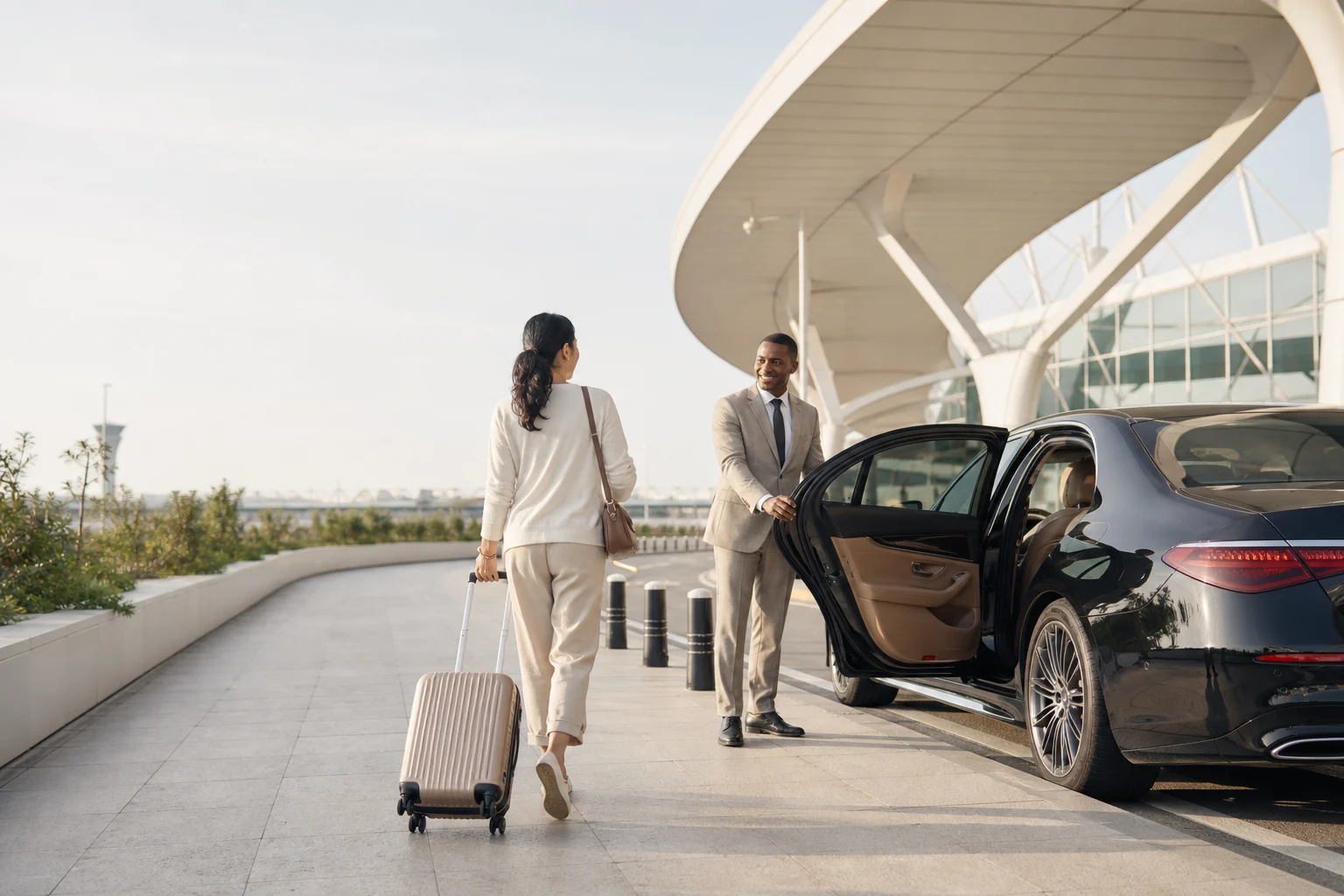 A professional chauffeur welcoming a traveller at the airport